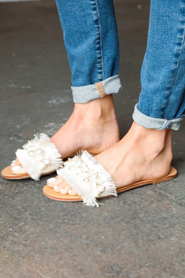 Ivory Linen Fray Beaded Faux Pearl Slide Sandal - Coeur de la Mode