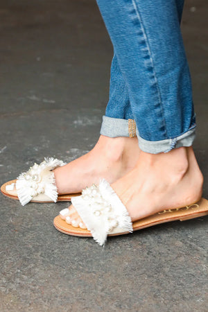 Ivory Linen Fray Beaded Faux Pearl Slide Sandal - Coeur de la Mode