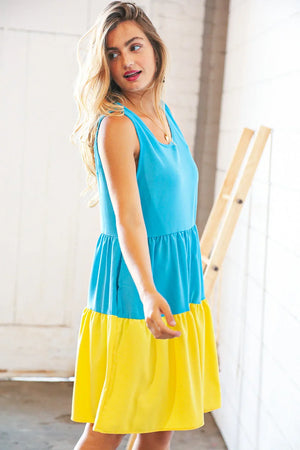 Blue Flare Color Block Tiered Woven Dress - Coeur de la Mode