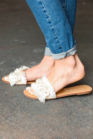 Ivory Linen Fray Beaded Faux Pearl Slide Sandal - Coeur de la Mode
