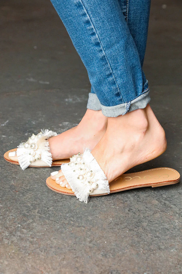 Ivory Linen Fray Beaded Faux Pearl Slide Sandal - Coeur de la Mode