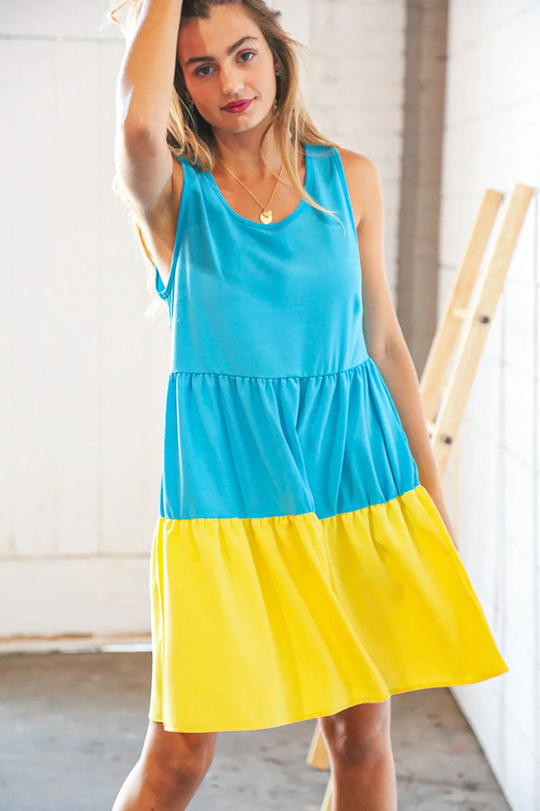 Blue Flare Color Block Tiered Woven Dress - Coeur de la Mode