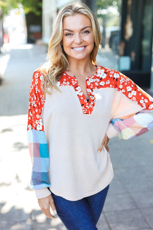 Feeling Femme Oatmeal Plaid Floral Color Block Notch Neck Top - Coeur de la Mode