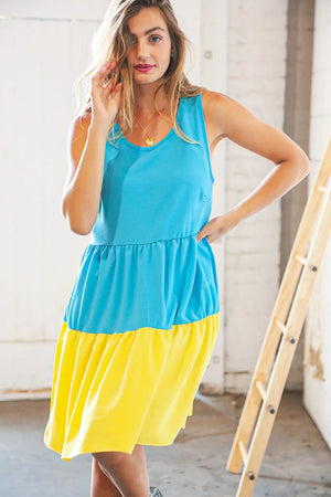 Blue Flare Color Block Tiered Woven Dress - Coeur de la Mode