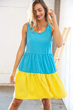 Blue Flare Color Block Tiered Woven Dress - Coeur de la Mode
