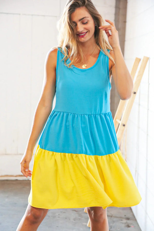 Blue Flare Color Block Tiered Woven Dress - Coeur de la Mode