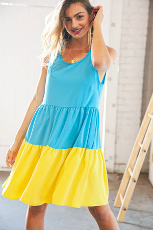 Blue Flare Color Block Tiered Woven Dress - Coeur de la Mode