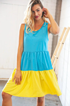 Blue Flare Color Block Tiered Woven Dress - Coeur de la Mode