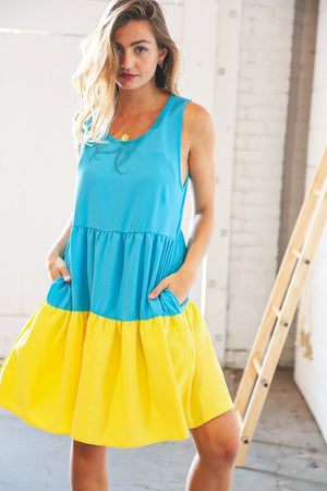 Blue Flare Color Block Tiered Woven Dress - Coeur de la Mode