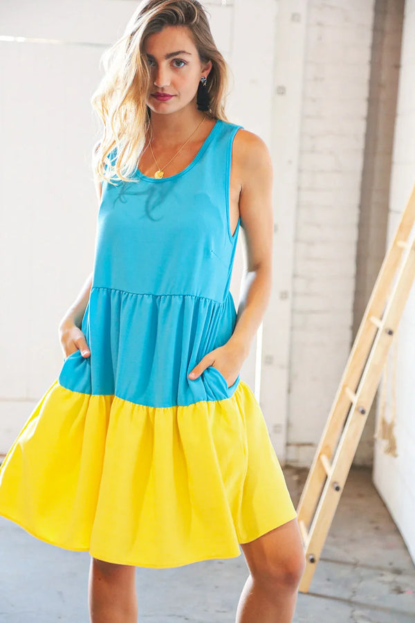 Blue Flare Color Block Tiered Woven Dress - Coeur de la Mode