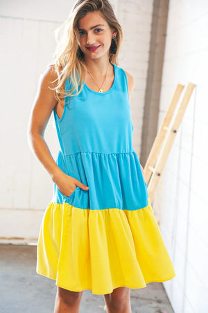 Blue Flare Color Block Tiered Woven Dress - Coeur de la Mode
