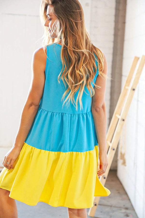 Blue Flare Color Block Tiered Woven Dress - Coeur de la Mode