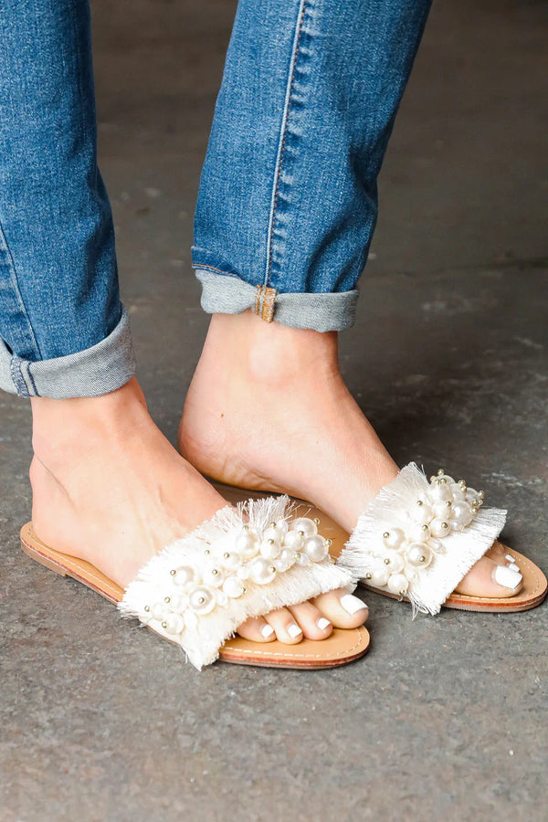 Ivory Linen Fray Beaded Faux Pearl Slide Sandal - Coeur de la Mode