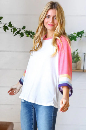 Pink Pointelle Color Block Wide Sleeve Pullover - Coeur de la Mode