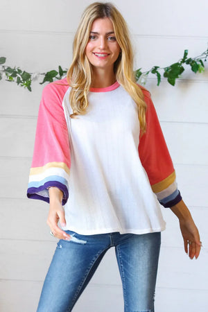 Pink Pointelle Color Block Wide Sleeve Pullover - Coeur de la Mode