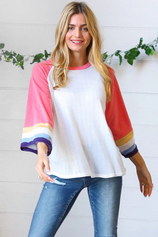 Pink Pointelle Color Block Wide Sleeve Pullover - Coeur de la Mode