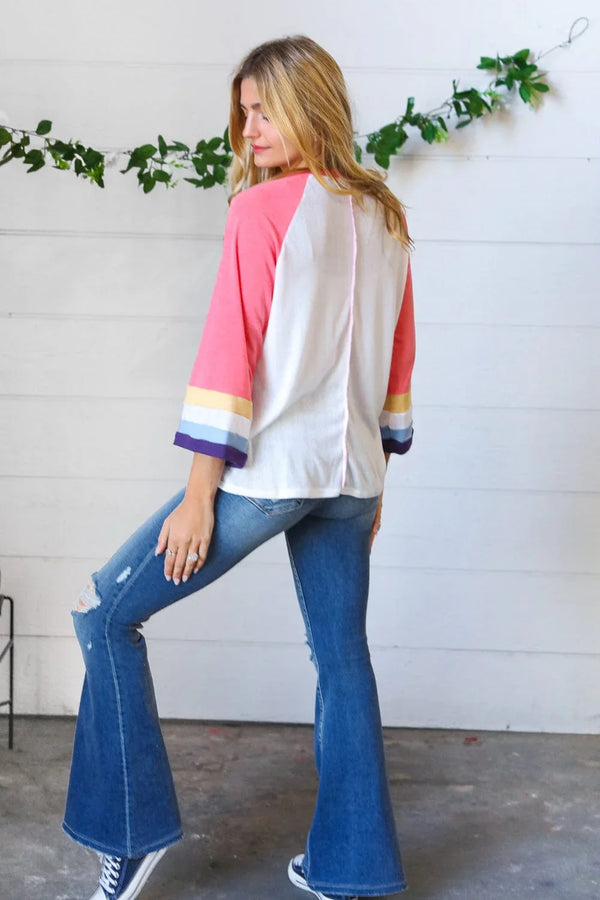 Pink Pointelle Color Block Wide Sleeve Pullover - Coeur de la Mode