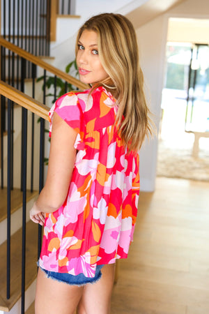 Tropical Bliss Peach Floral Mock Neck Flutter Sleeve Top - Coeur de la Mode