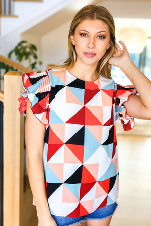 Burnt Orange Geo Print Smocked Ruffle Frill Sleeve Top - Coeur de la Mode