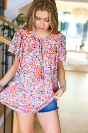 Plum Multicolor Boho Paisley Tie Neck Dolman Top - Coeur de la Mode
