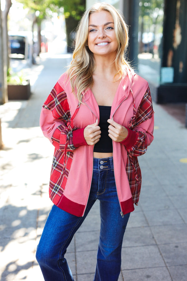Adorable in Marsala Plaid Color Block Zipper French Terry Hoodie - Coeur de la Mode