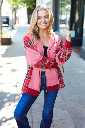 Adorable in Marsala Plaid Color Block Zipper French Terry Hoodie - Coeur de la Mode