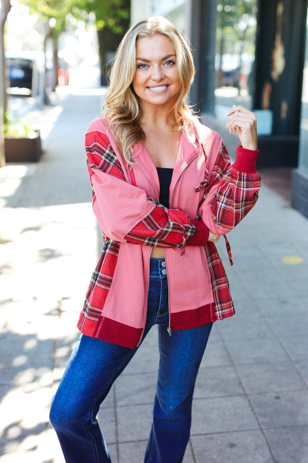 Adorable in Marsala Plaid Color Block Zipper French Terry Hoodie - Coeur de la Mode