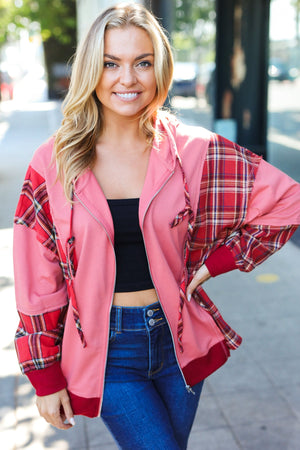 Adorable in Marsala Plaid Color Block Zipper French Terry Hoodie - Coeur de la Mode