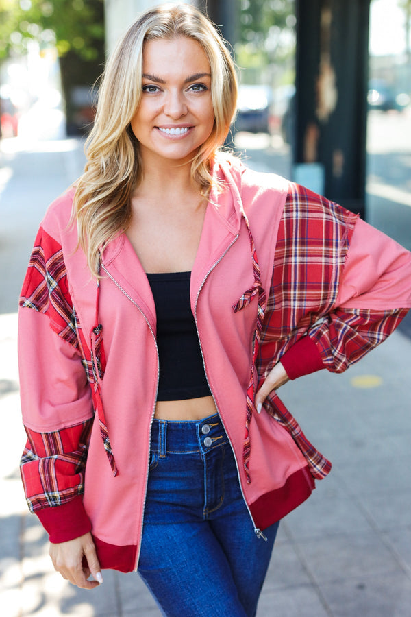 Adorable in Marsala Plaid Color Block Zipper French Terry Hoodie - Coeur de la Mode