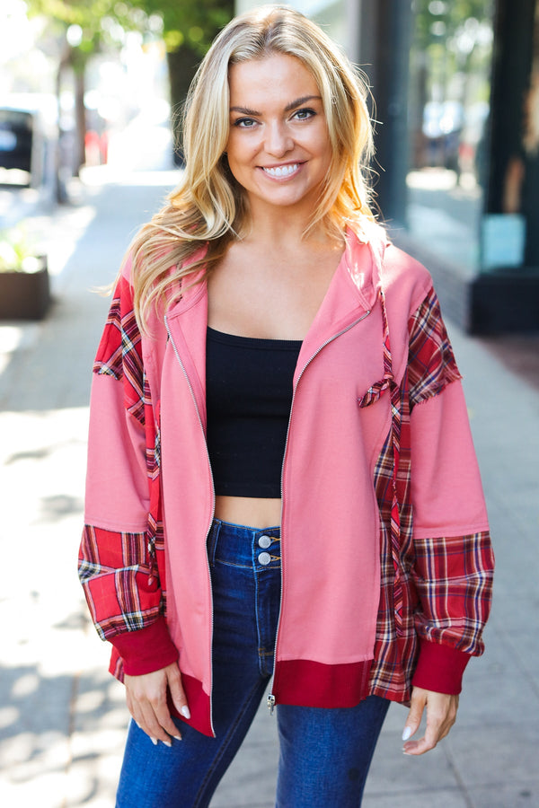 Adorable in Marsala Plaid Color Block Zipper French Terry Hoodie - Coeur de la Mode