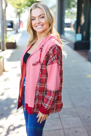 Adorable in Marsala Plaid Color Block Zipper French Terry Hoodie - Coeur de la Mode