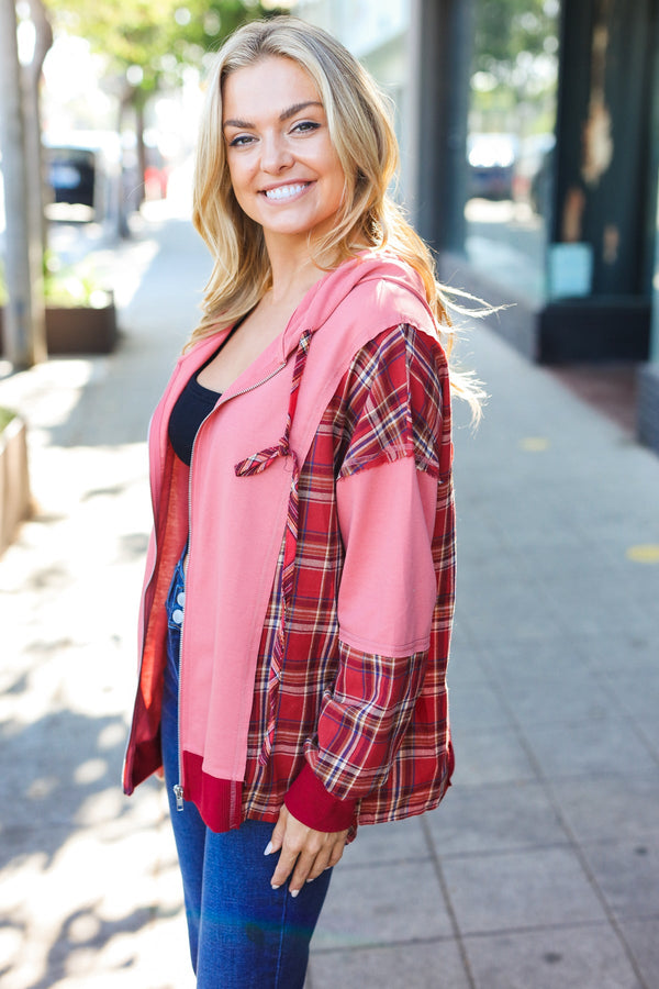 Adorable in Marsala Plaid Color Block Zipper French Terry Hoodie - Coeur de la Mode