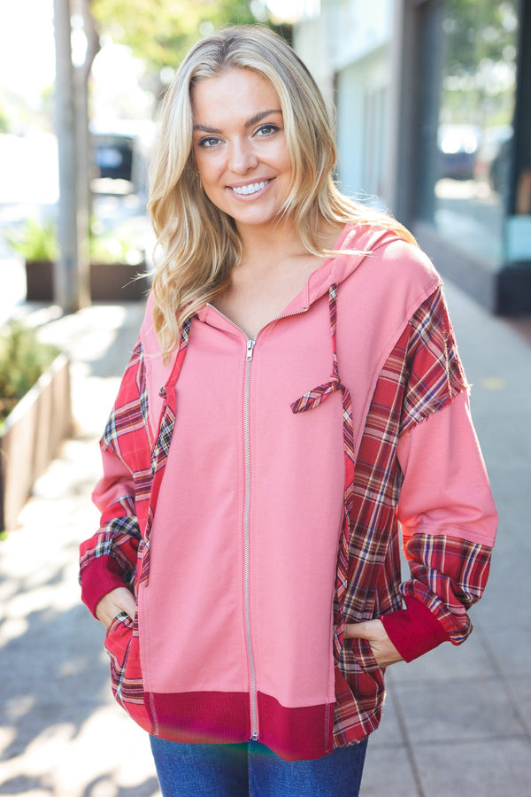 Adorable in Marsala Plaid Color Block Zipper French Terry Hoodie - Coeur de la Mode