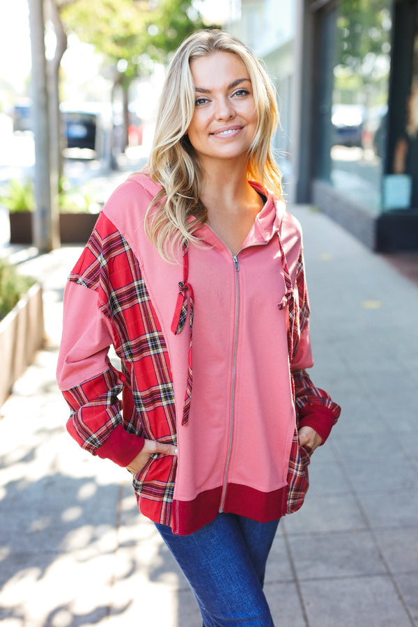 Adorable in Marsala Plaid Color Block Zipper French Terry Hoodie - Coeur de la Mode