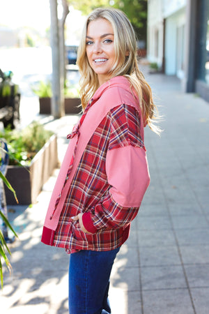 Adorable in Marsala Plaid Color Block Zipper French Terry Hoodie - Coeur de la Mode