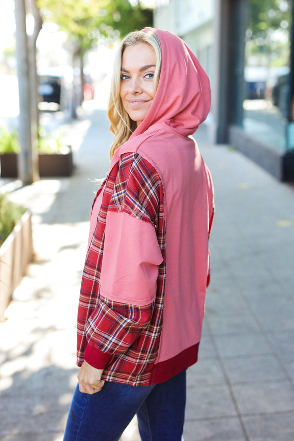 Adorable in Marsala Plaid Color Block Zipper French Terry Hoodie - Coeur de la Mode