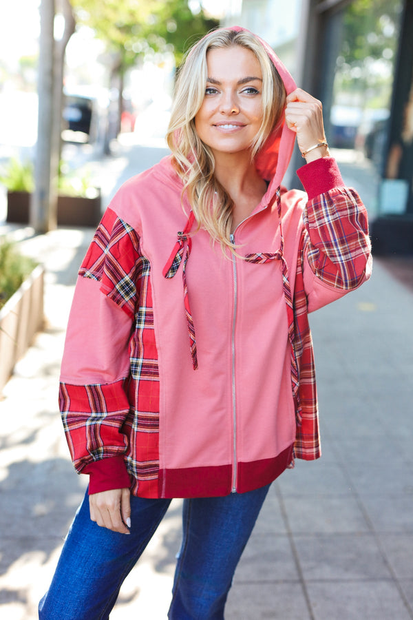 Adorable in Marsala Plaid Color Block Zipper French Terry Hoodie - Coeur de la Mode