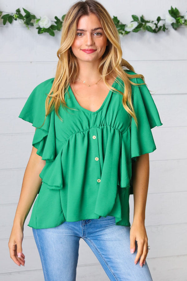 Sea Green Button Ruffle Woven Top - Coeur de la Mode