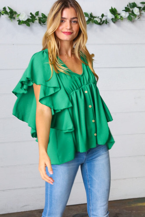 Sea Green Button Ruffle Woven Top - Coeur de la Mode