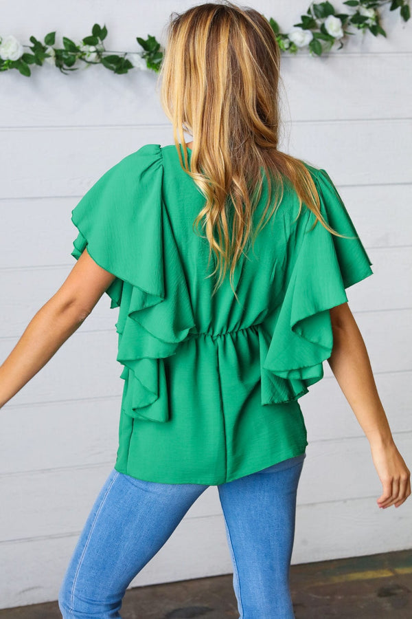 Sea Green Button Ruffle Woven Top - Coeur de la Mode