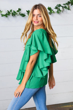 Sea Green Button Ruffle Woven Top - Coeur de la Mode