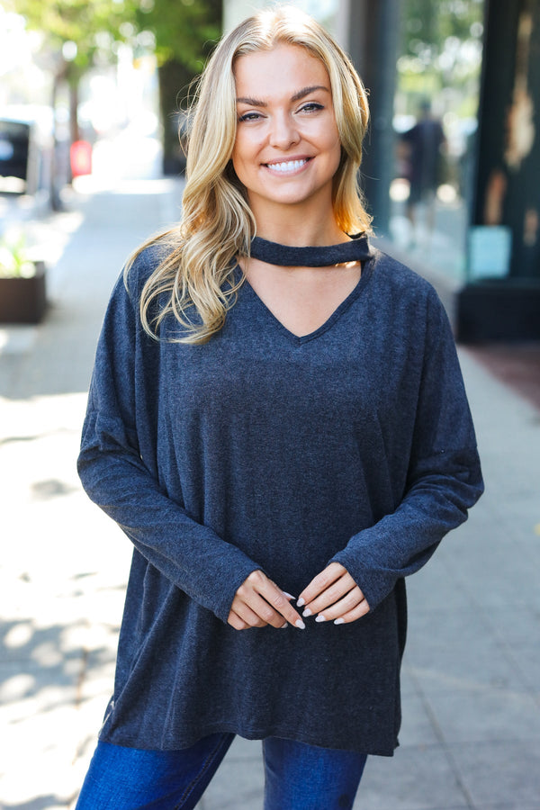 Casual Chic Solid Grey Choker Long Sleeve Hacci Pullover - Coeur de la Mode