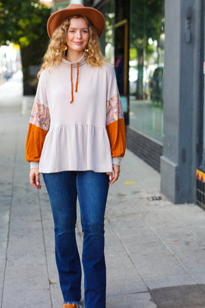 Taupe & Rust Turtleneck Babydoll Terry Top - Coeur de la Mode
