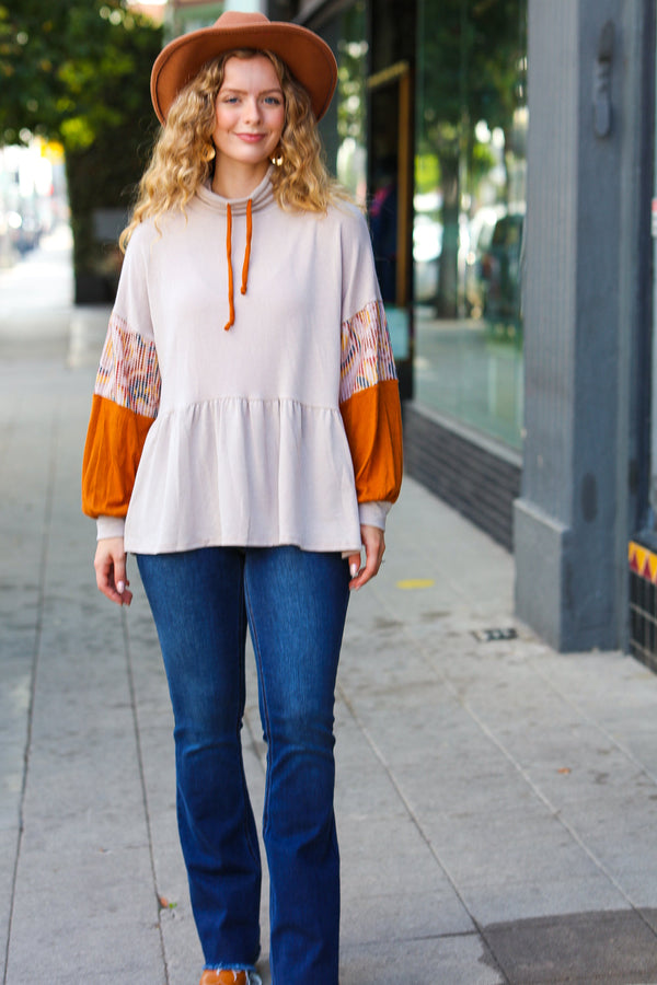 Taupe & Rust Turtleneck Babydoll Terry Top - Coeur de la Mode