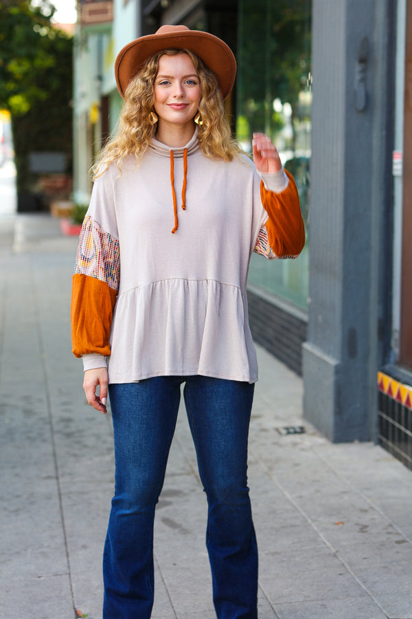 Taupe & Rust Turtleneck Babydoll Terry Top - Coeur de la Mode