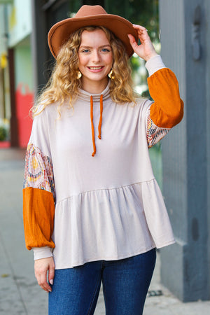Taupe & Rust Turtleneck Babydoll Terry Top - Coeur de la Mode