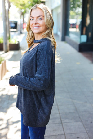 Casual Chic Solid Grey Choker Long Sleeve Hacci Pullover - Coeur de la Mode