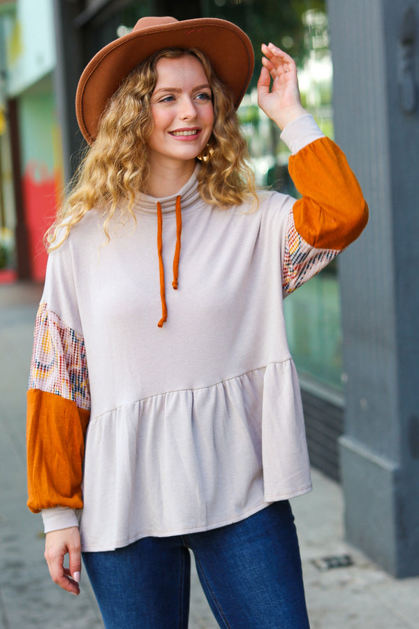 Taupe & Rust Turtleneck Babydoll Terry Top - Coeur de la Mode