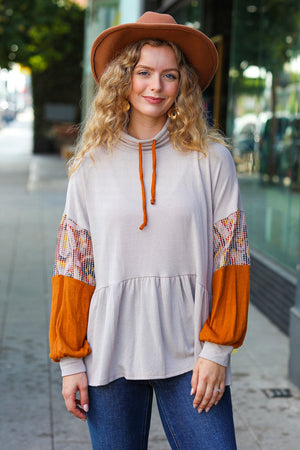 Taupe & Rust Turtleneck Babydoll Terry Top - Coeur de la Mode