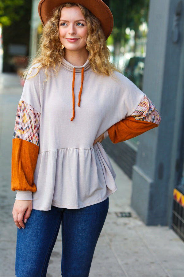 Taupe & Rust Turtleneck Babydoll Terry Top - Coeur de la Mode